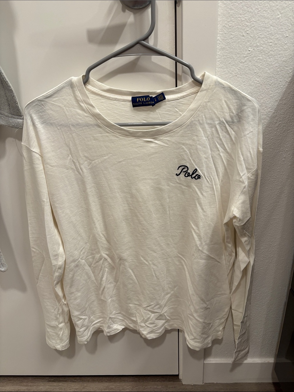 Polo by Ralph Lauren Cream Long Sleeve Tee with Navy Script Logo